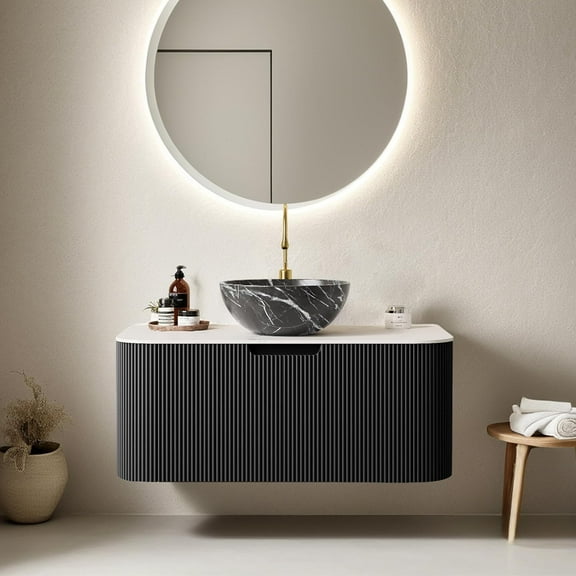 36" Floating Bathroom Vanity with Sink, Modern Bathroom Cabinet with Ultra-Thin Ceramic Basin and Marble Top, Extra Large Storage Drawer, Soft-Close Design