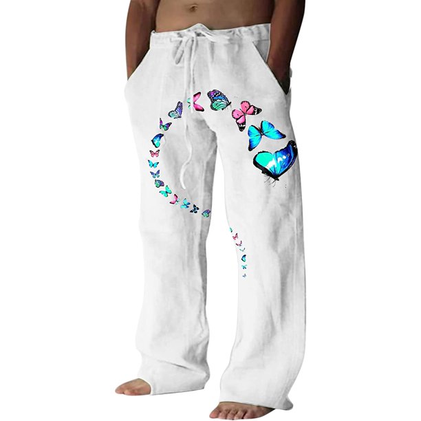 Pantalones casuales de lino para hombre, estampado de mariposas y pájaros, talla grande, sueltos, ligeros, elásticos, con cordón, para exteriores, playa, yoga blanco (020-white) G blanco (020-white) G Xishao ropa