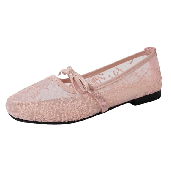 Wensltd Women Floral Lace Mary Jane Flats Square Toe Bow Flat Shoes Mesh Upper Spring Summer Daily Walking Pink