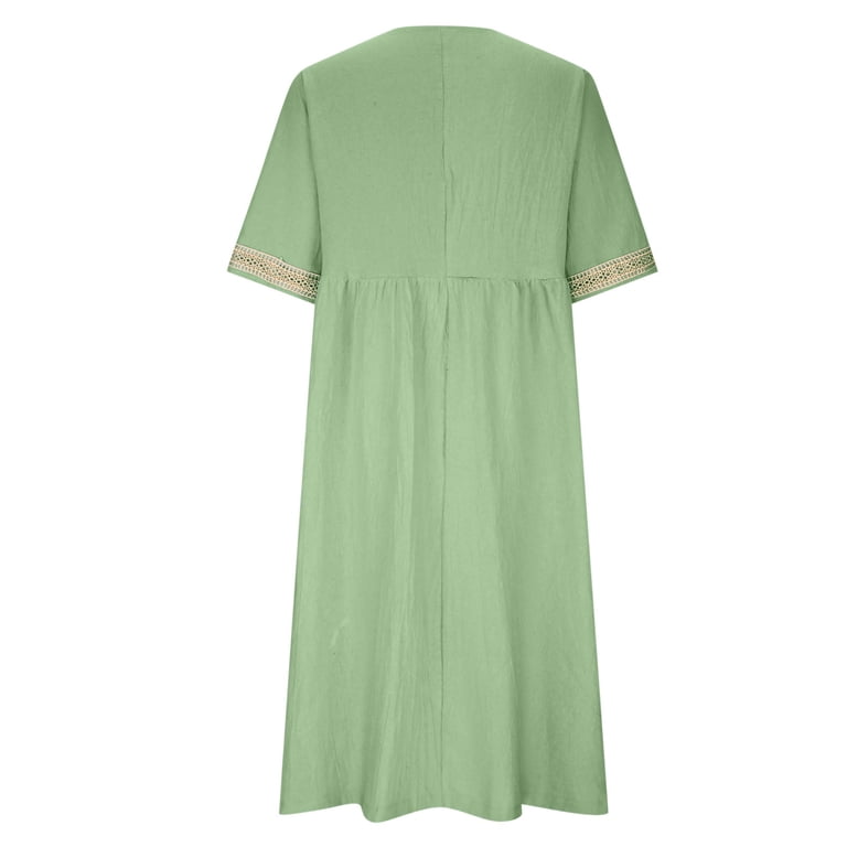 YestheTOYS Lime Green Womens Plain Midi Knee High Slimming Tunics Tight Dresses for Women Short Sleeve Lace V Neck Faux Linen Going Out Fall Summer
