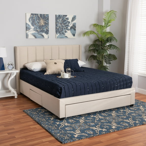 Baxton Studio Coronado Mid-Century Modern Transitional Beige Fabric Queen Size 3-Drawer Storage Platform Bed