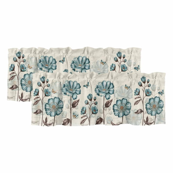 Blue Tulip Valances for Windows, Decorative Rod Pocket Window Valance Curtains, Vintage Flowers Butterfly Plants Beige Rustic Short Curtain Drapes for Kitchen/Living Room, 2 Panels, 42" W x 12" L