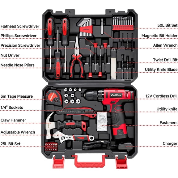 148-Piece Home Drill Set with 12V Red Cordless Drill, Hand Tools, Tool Box, Ideal for Men, Women, and  Enthusiasts for Home Improvement