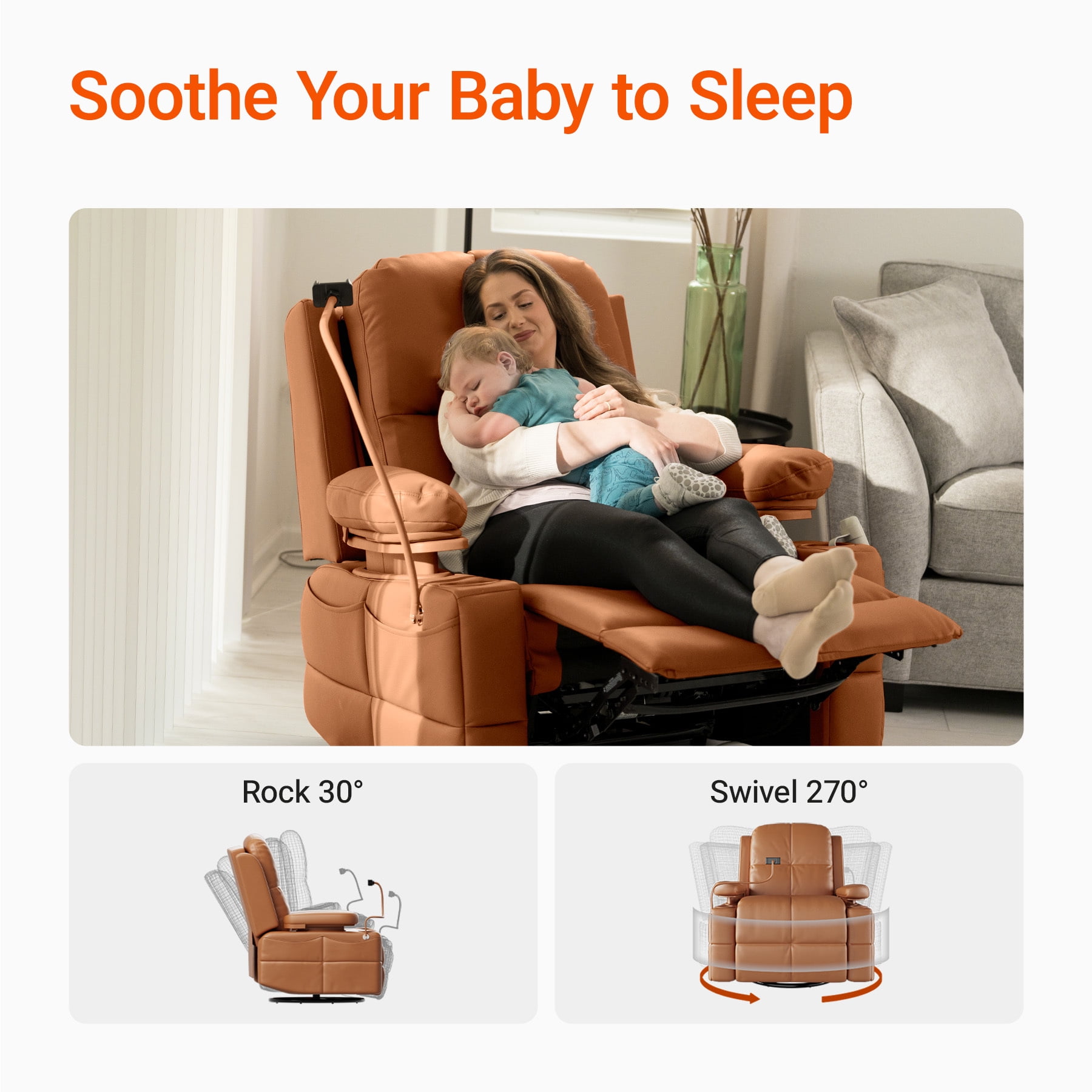 MAMAZING Nursery Rocking Chair Swivel Glider Oversized Recliner with Pockets Electric Power Baby Nursing Chair Brown