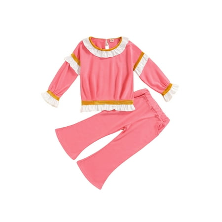 

Arvbitana Toddler Baby Girls Pajamas Suit Long Sleeve Round Neck Ruffle Tops + Solid Color Long Pants Spring Fall Casual Sleepwear Outfit 12M-6T