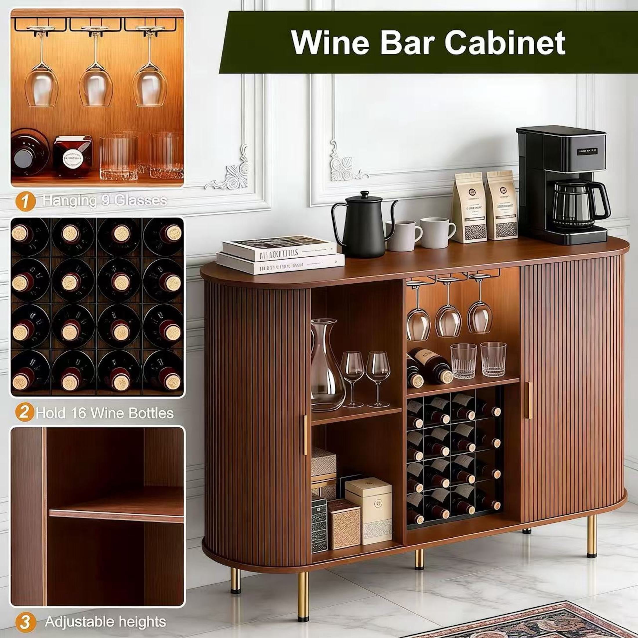 Aisword 55" Wine Bar Cabinet with Storage, Fluted Liquor Coffee Bar Cabinet with LED Lights, Buffet Sideboard, Walnut