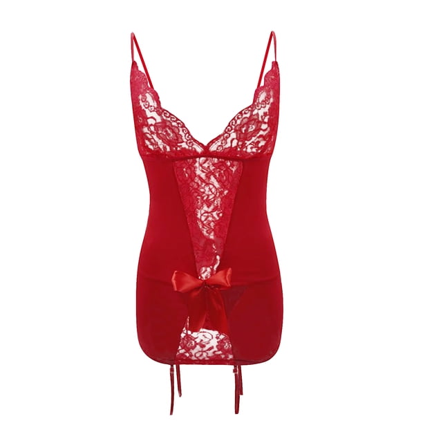 VISgogo Camisón transparente sexy para mujer, vestido blanco con dobladillo de encaje y escote en V profundo, S/ M/ L/ XL/ XXL VISgogo moda