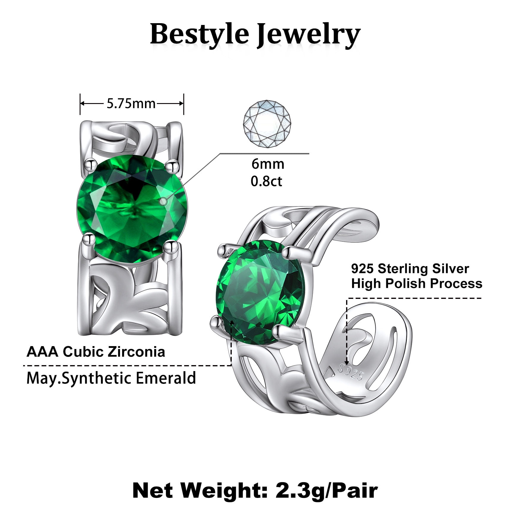 Bestyle Sterling Silver Ear Cuff Birthstone Earrings, May Emerald Clip On Cartilage Earrings for Women Christams Jewelry Gifts