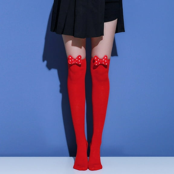 Women Overknee Socks Christmas Diagonal Stripe Thigh High Stockings Japanese Bow