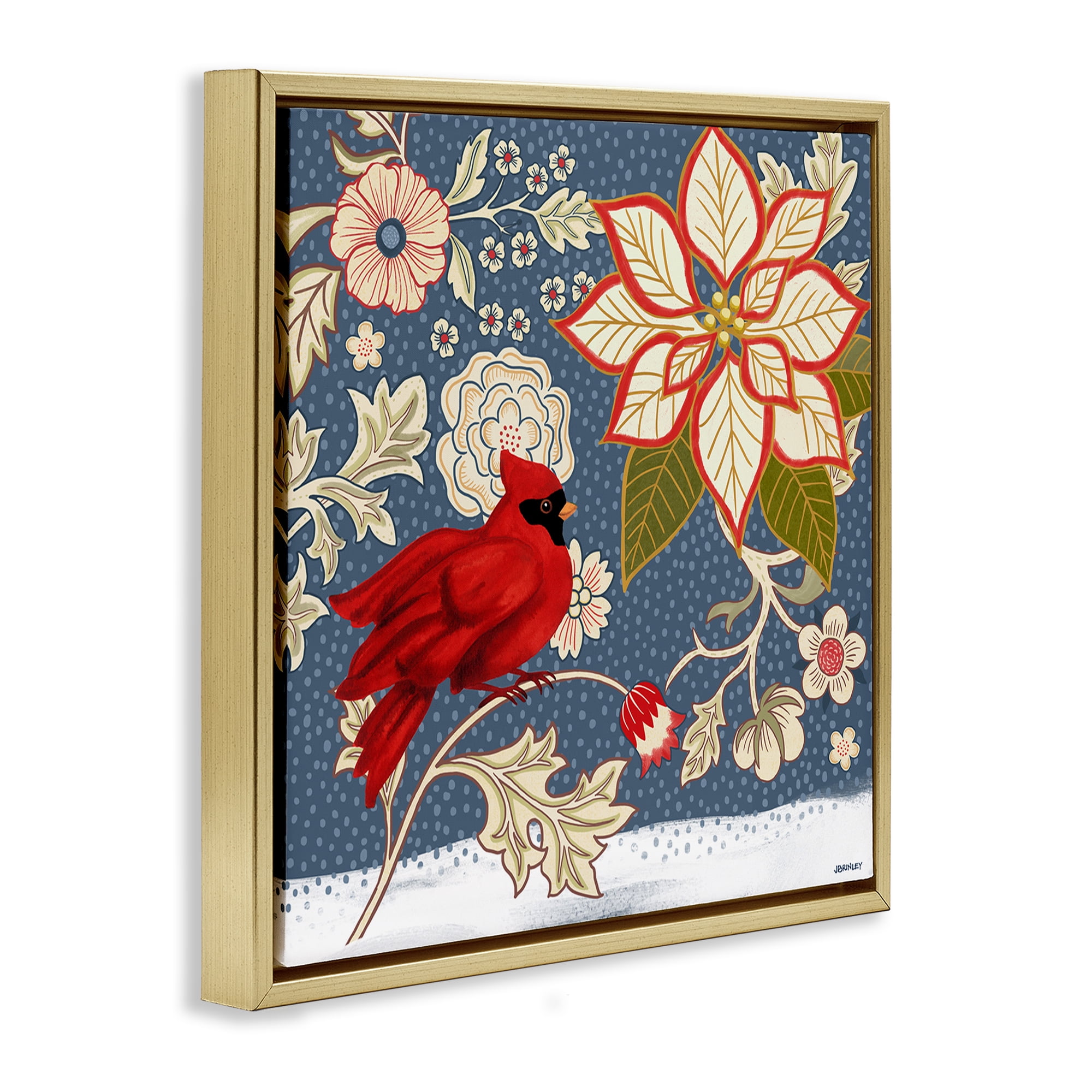 Stupell Industries Winter Cardinal with Flowers Animals & Insects Painting Gold Floater Framed Canvas Art Print Wall Art, 18 x 18