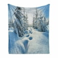 thumbnail image 1 of Winter Soft Flannel Fleece Blanket, Winter Landscape with Forest and Blue Sky Frosted Trees Footprints Seasonal Nature, Cozy Plush for Indoor and Outdoor Use, 70" x 90", Blue White, by Ambesonne, 1 of 6