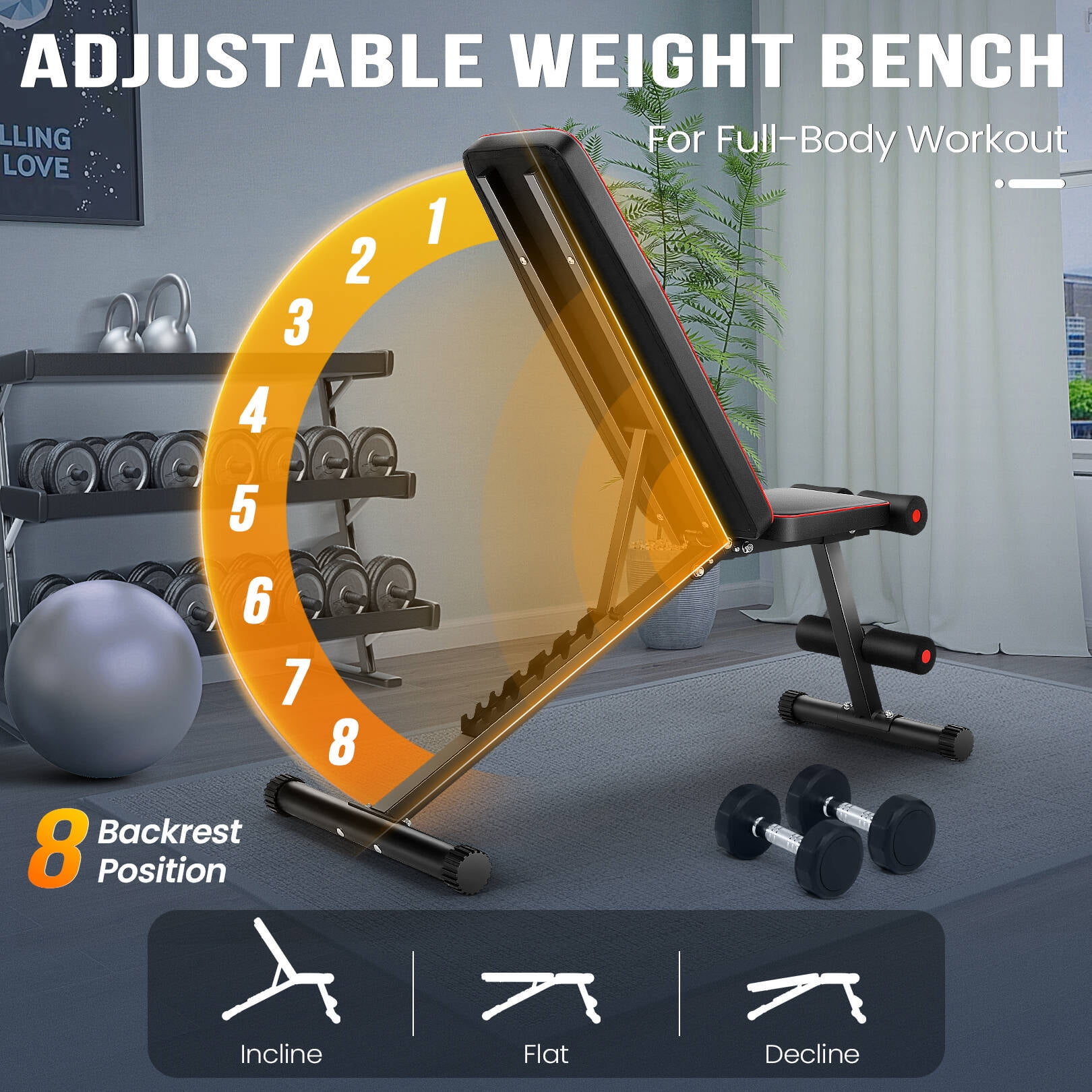 VIBESPARK Foldable Weight Bench for Full Body Workout Bench Press, 660LBS Adjustable Weight Bench with 8 Positions Incline Decline Bench for Home Gym Fitness Strength Training