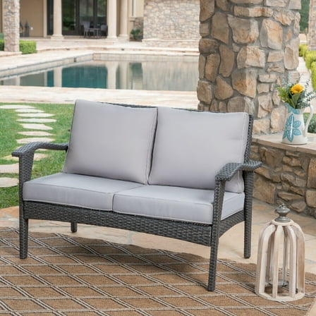 Noble House DelFino Cushions Wicker Outdoor Loveseat - Grey/Silver