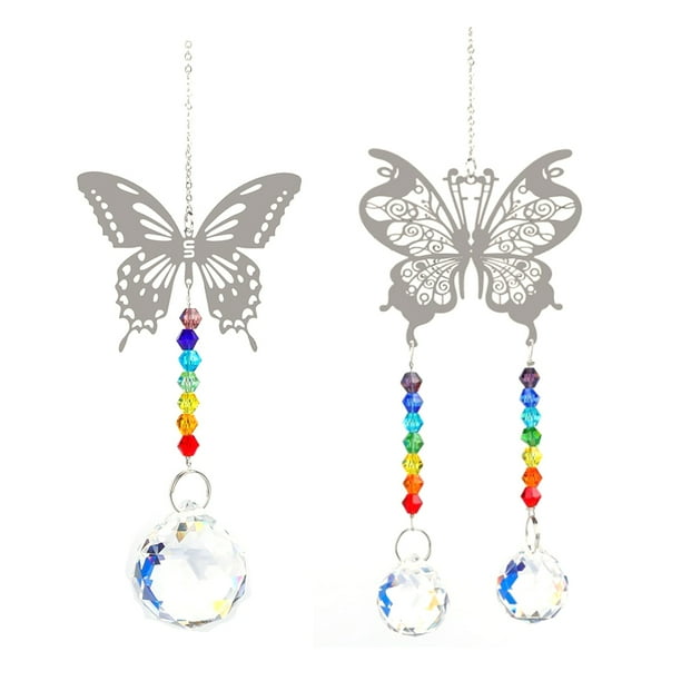 Atrapasueños de prisma de bola de cristal de mariposa, 2 uds., para decoración de ventanas de jardín y candelabro