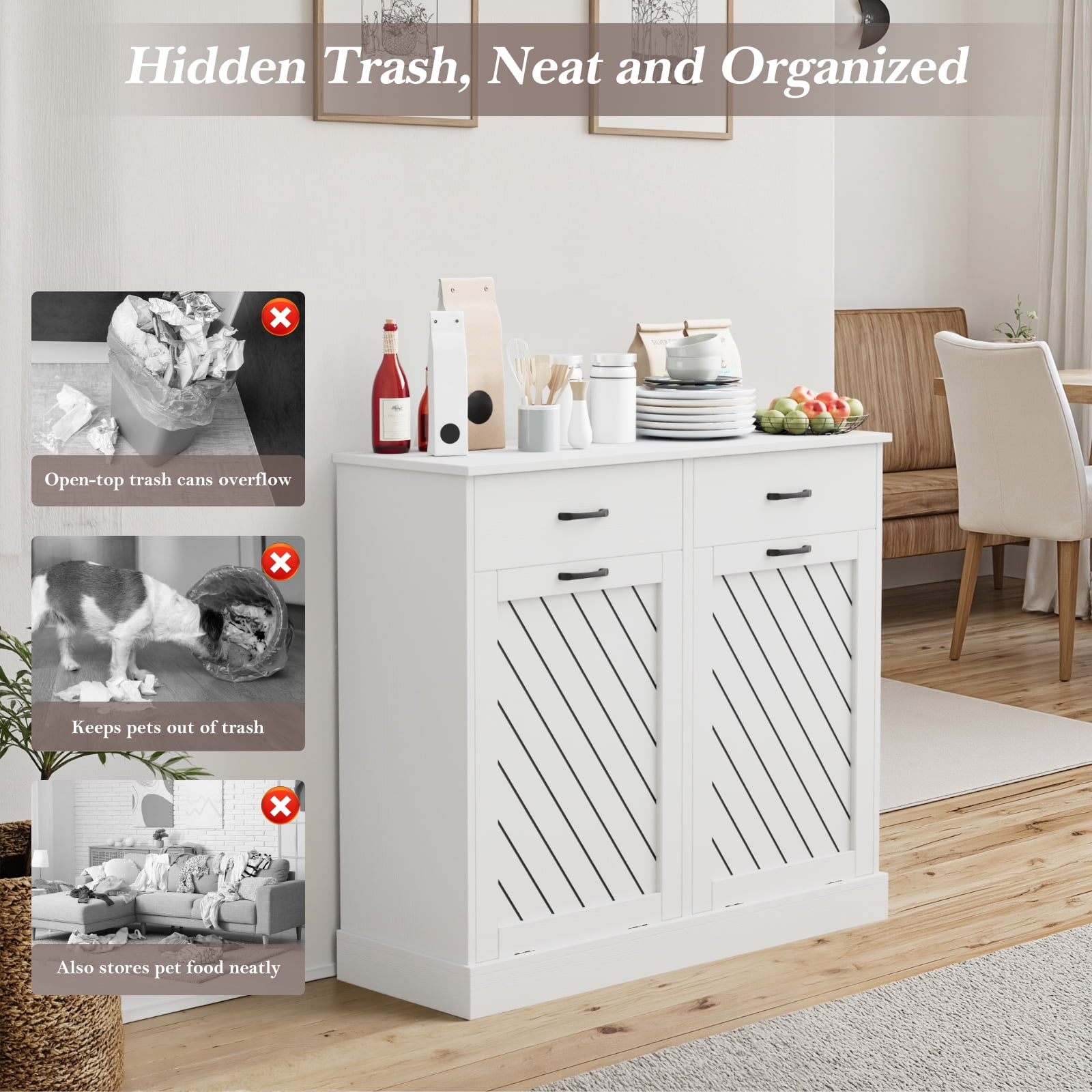 Double Tilt-Out 2x15 Gallons Hidden Garbage Trash Can Cabinet, Hidden Kitchen Trash Cabinet with Storage Drawer, Pet-Proof Wooden Garbage & Recycling Cabinet for Kitchen, Laundry & Living Room, White