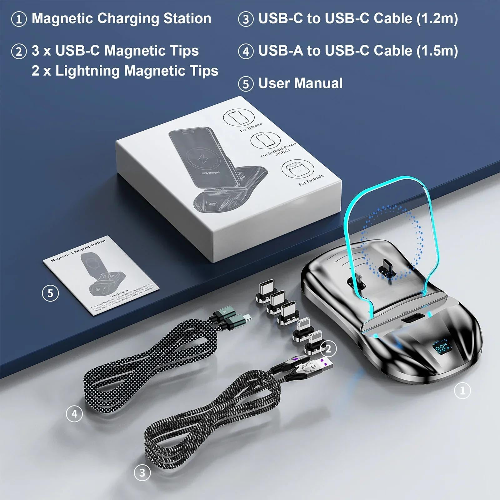 3 In 1 Magnetic Charging Station 100W Fast Charger with USB-C and Cable for iPhone, Phone Stand, Wireless Charging Pad-Blue