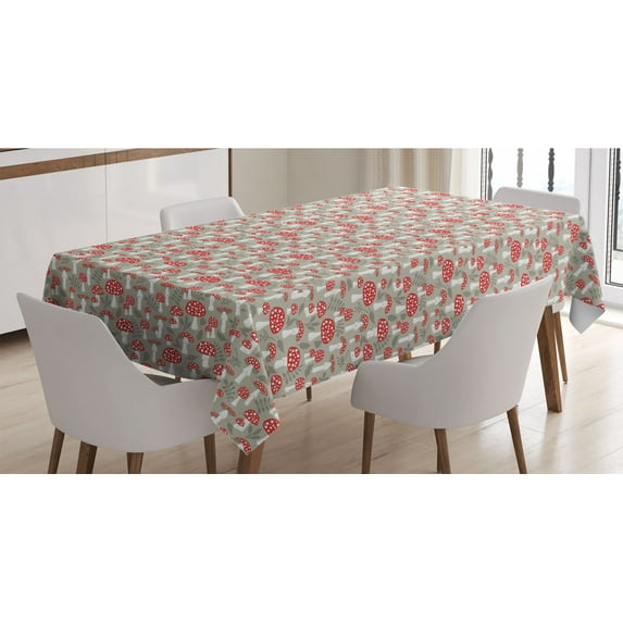 Cartoon Tablecloth, Poisonous Amanita Mushroom Pattern with Foliage and Berry Silhouettes, Rectangle Satin Table Cover for Dining Room and Kitchen, 60" X 84", Pale Sage Green White, by Ambesonne