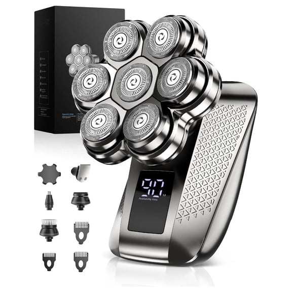 Obacre Bald Head Shaver for Men, 7D Floating Rotary Electric Razor with 5-in-1 Grooming Kit, Waterproof Wet & Dry Scalp Shaver with LED Display and USB-C Charging