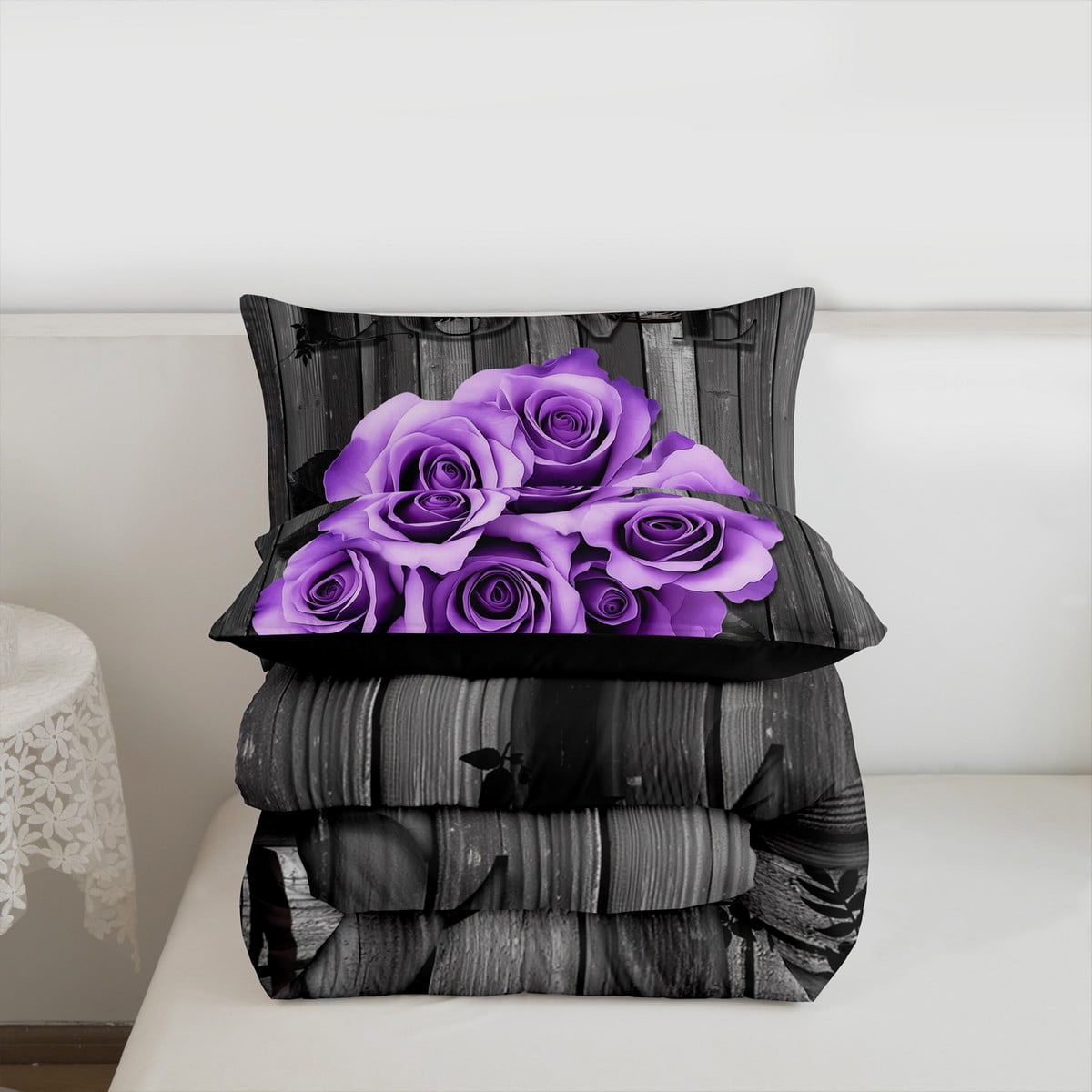 Lavender Color Rose Comforter Set Full Purple Black Grey Flower Bedding Set Women Couple Romantic Floral Down Comforter Retro Farmhouse Quilt Duvet Gifts For Valentine'S Day Wedding