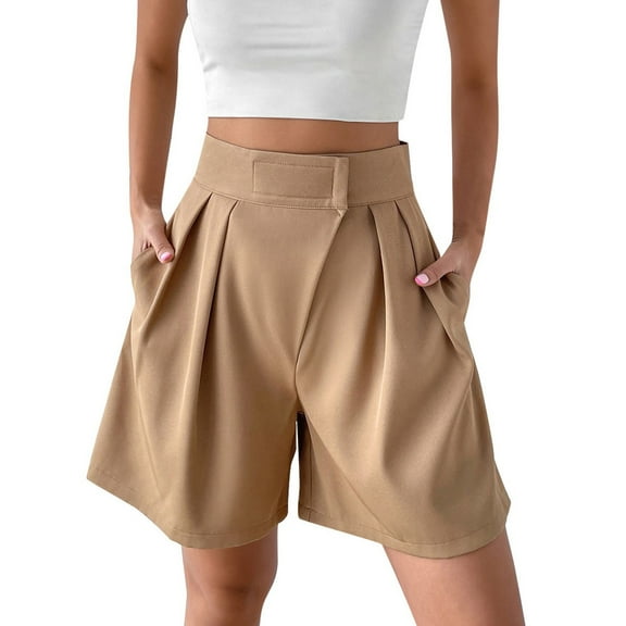 Women's Casual Shorts Pleated High Waist Short Trouser Solid Color Summer Ladies Pant with Pocket