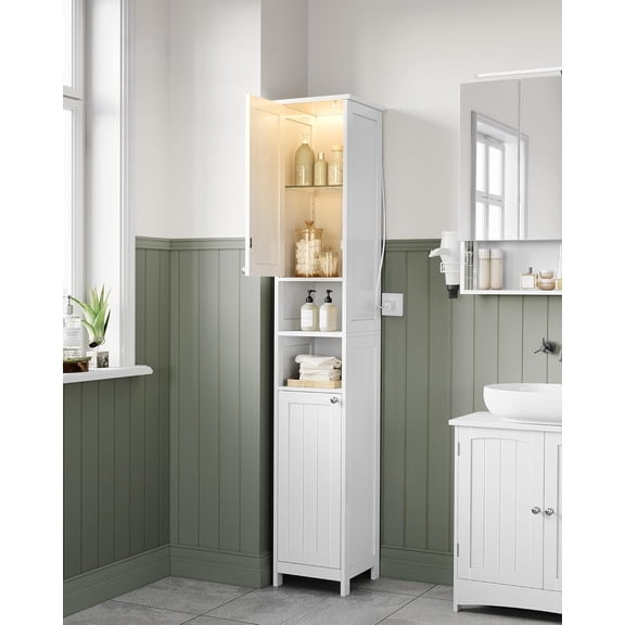 Tall Storage Cabinet with Lights, Slim Freestanding Cabinet with Adjustable Shelves, for Small Spaces, Bathroom, Living Room, Modern, 11.8 Inches Wide, Cloud White