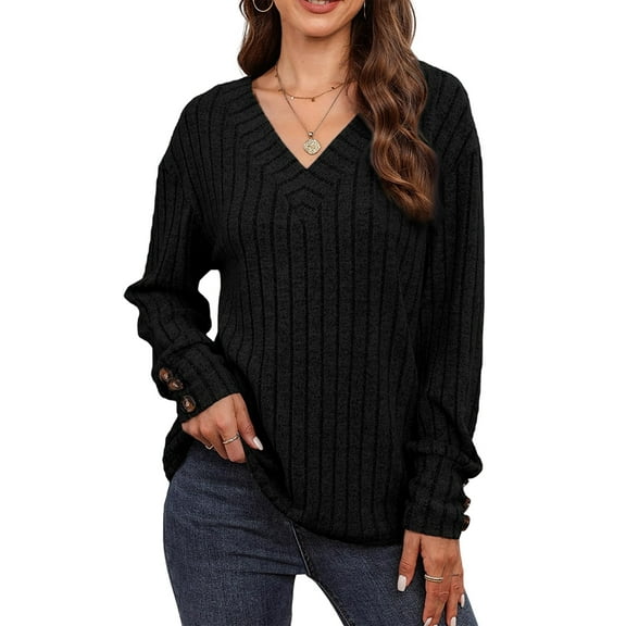 Womens Soft Long Sleeve V Neck Shirts Solid Casual Decorative Buttons Knitted Pullover Tunic Tops Black M