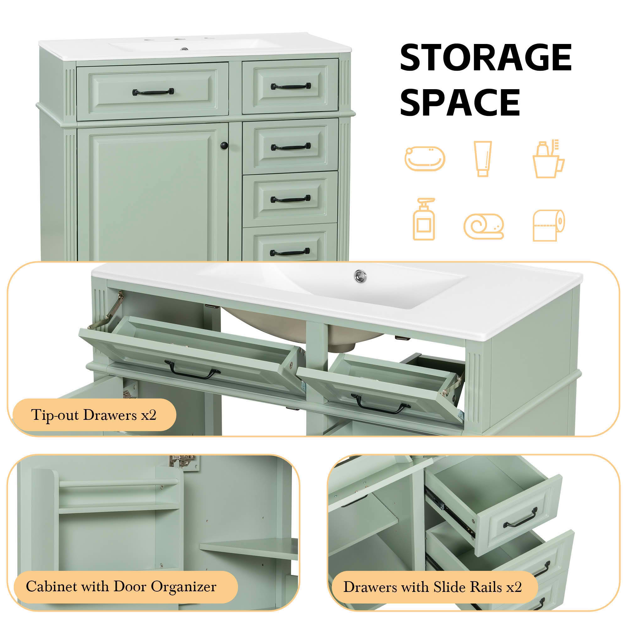MAYEERTY 36" Bathroom Vanity with Sink Blue Gray Solid Wood Flip Drawer 3 Drawers 2 Doors Golden Metal Handles MDF