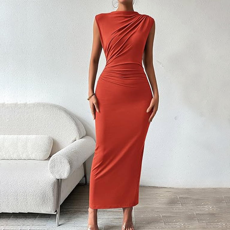 Oplxuo Ruched Mock Neck Bodycon Dress for Women Elegant Summer Sleeveless Midi Cocktail Party Pencil Dresses, Women's, Size: Small, Orange