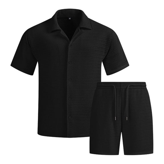PNTUTB Men's Two-Piece Summer Set: Solid-Color Breathable Short-Sleeve Collar Button-Down Shirt and Drawstring Shorts with Pockets