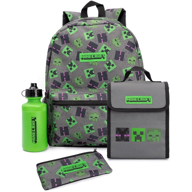 Minecraft - Set de Fiambreras / Luncheras y Mochilas - Pack de 4 (Gris, Verde, Negro)