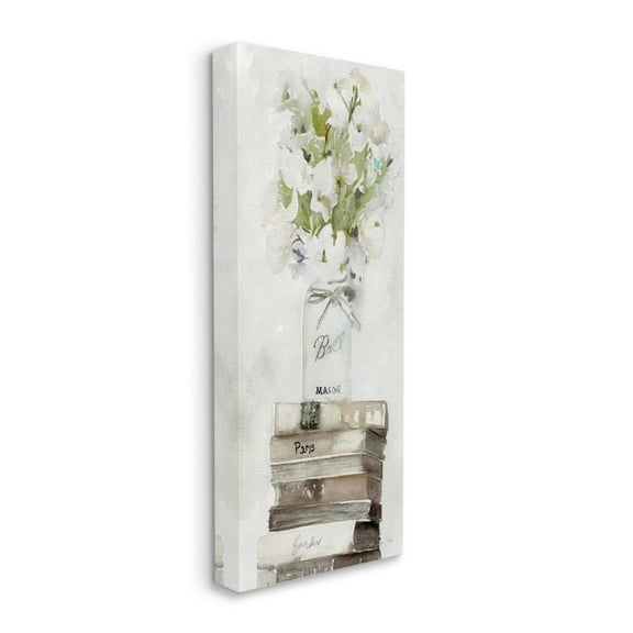 Stupell Industries White Floral Bouquet on Distressed Books Watercolor Botanical & Floral Painting Gallery Wrapped Canvas Art Print Wall Art, 17 x 40
