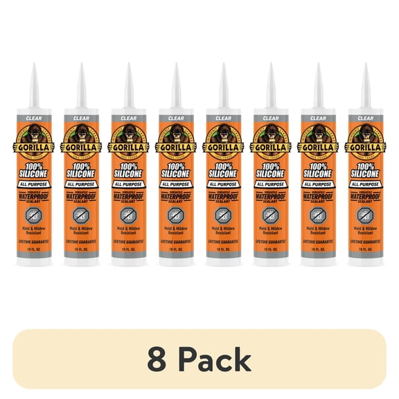 (8 pack) Gorilla Waterproof Caulk & Seal Silicone Sealant, 10oz Cartridge - Clear Caulking Sealant for Kitchen, Window, Bath, Marine, Door and More