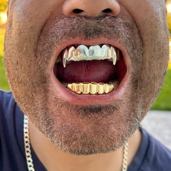 Vampire Grillz Set Silver Tone Dracula Top Fangs And Gold Plated Bottom Six Teeth