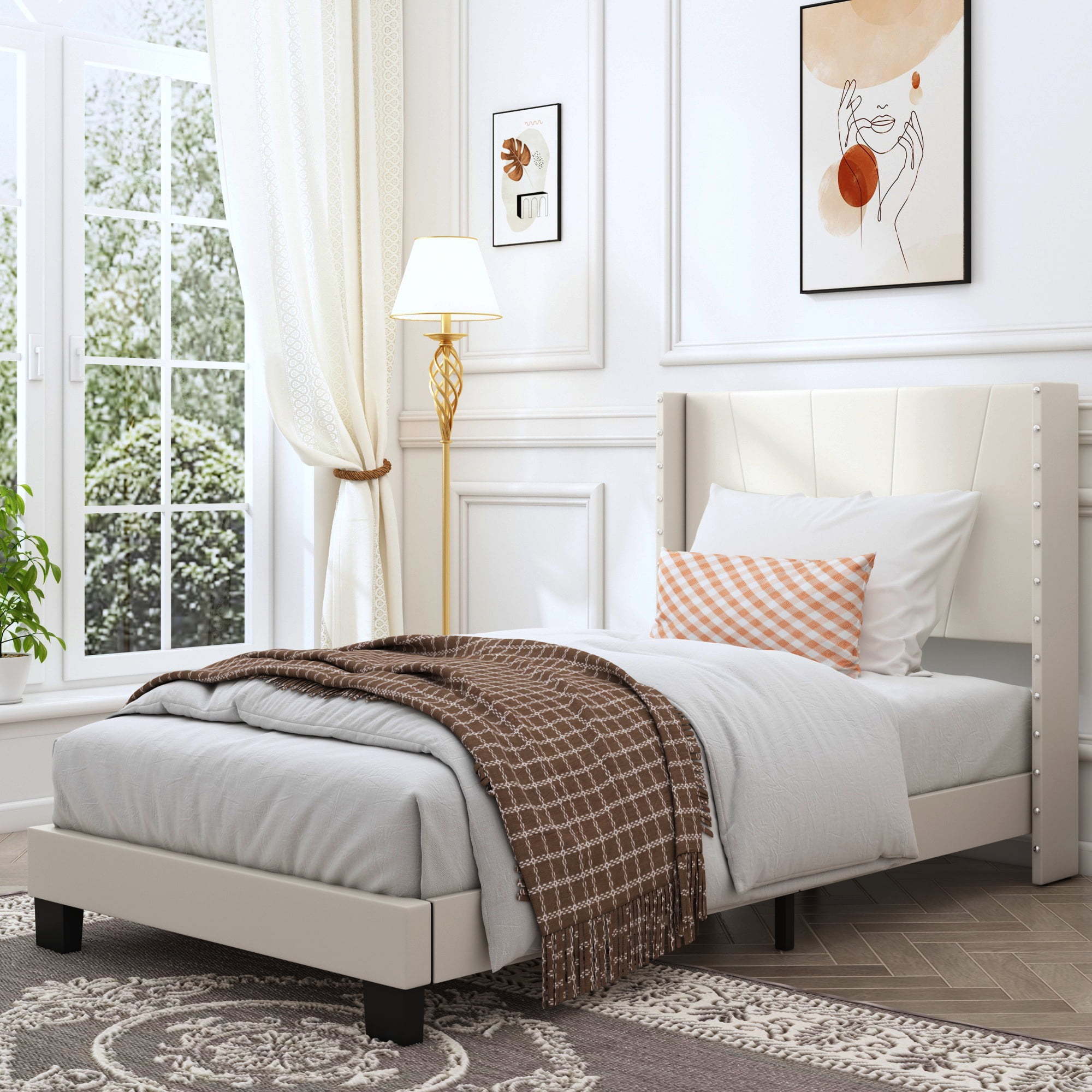 HSUNNS Upholstered Platform Bed, Twin Size Platform Bed with Nailhead