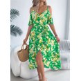 thumbnail image 4 of Maxi Dresses for Women 2025 Summer Boho Cold Shoulder Suspender V Neck Dress Casual Split Thigh Flowy Long Dress Green S, 4 of 9
