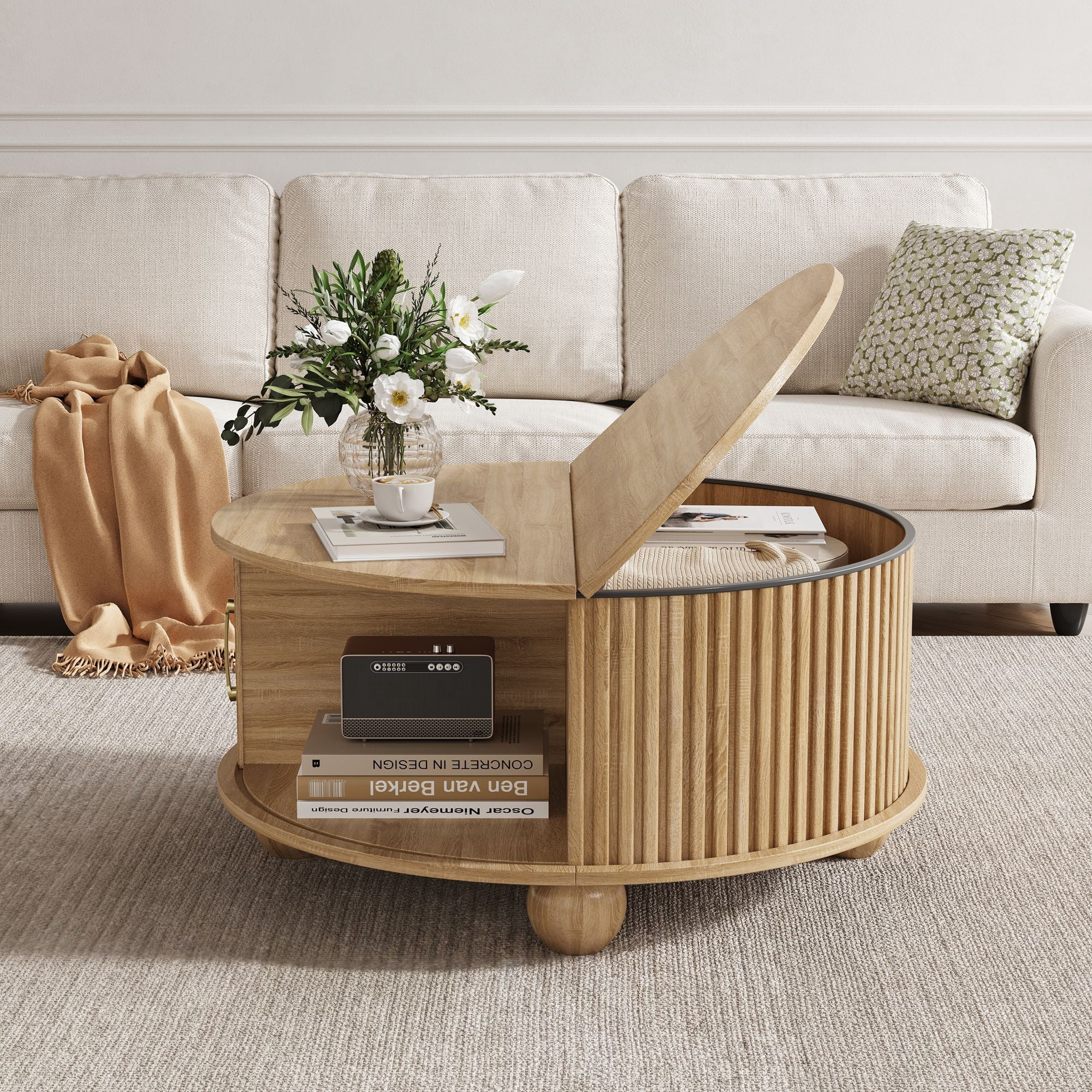 Round Coffee Table with Storage, Accent Fluted Drum Coffee Table with Sliding Door, Mid Century Modern Table for Living Room, Farmhouse Coffee Table for Small Space