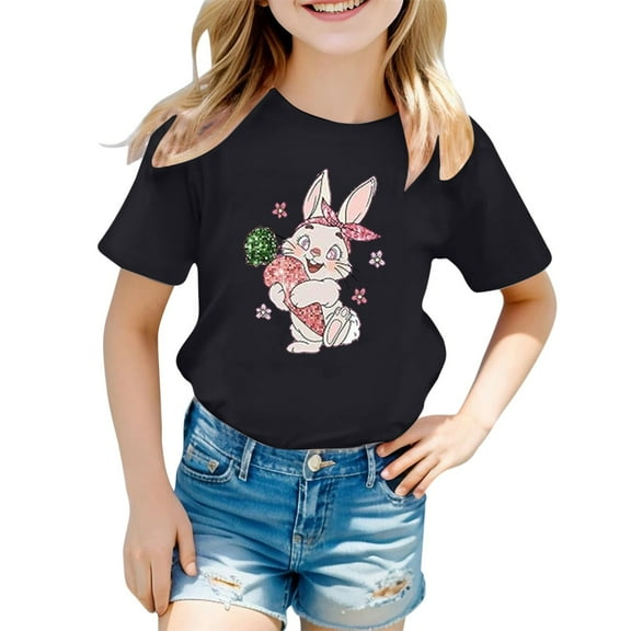 Tiijoy Girls Cute Bunny Easter Graphic Tee Short Sleeve Round Neck T-Shirt, Sizes 1-13