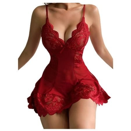 GENGING Sexy Lingerie Clearances Lingerie for Women Sexy Babydoll Spaghetti Straps Deep V Neck Floral Lace Teddy Chemise Nightie Mesh Scallop Trim Nightdress