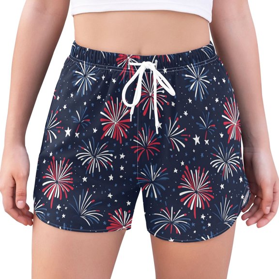 FORMRS Womens Swim Shorts Mesh Liner Quick Dry Casual Beach Board Bottom with Pockets, Sizes S-2XL, Red and Blue Fireworks Pattern