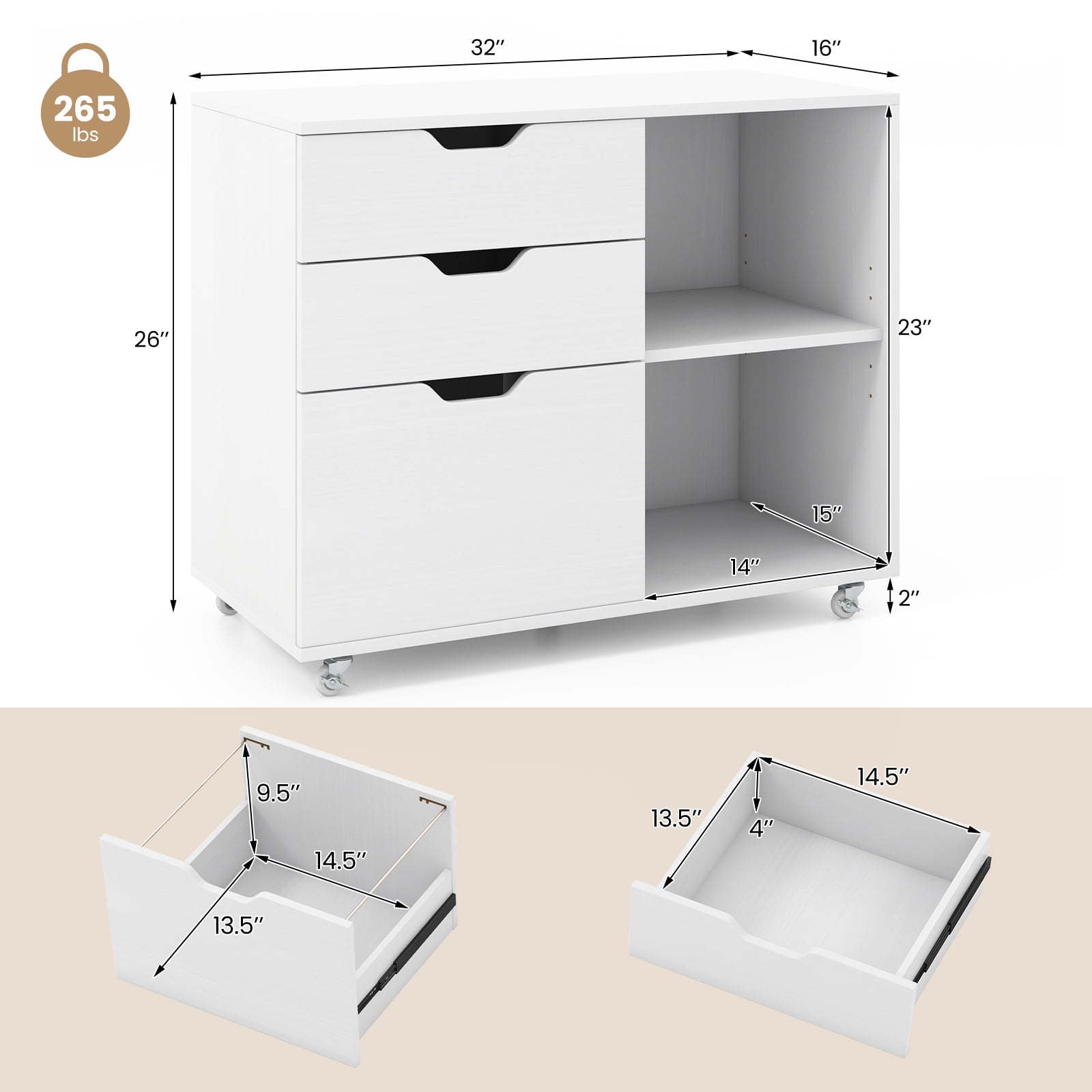 Giantex Rolling File Cabinet, Lateral Filing Cabinet w/Open Storage Shelves, Under Desk Storage Organizer, Mobile Printer Stand, White