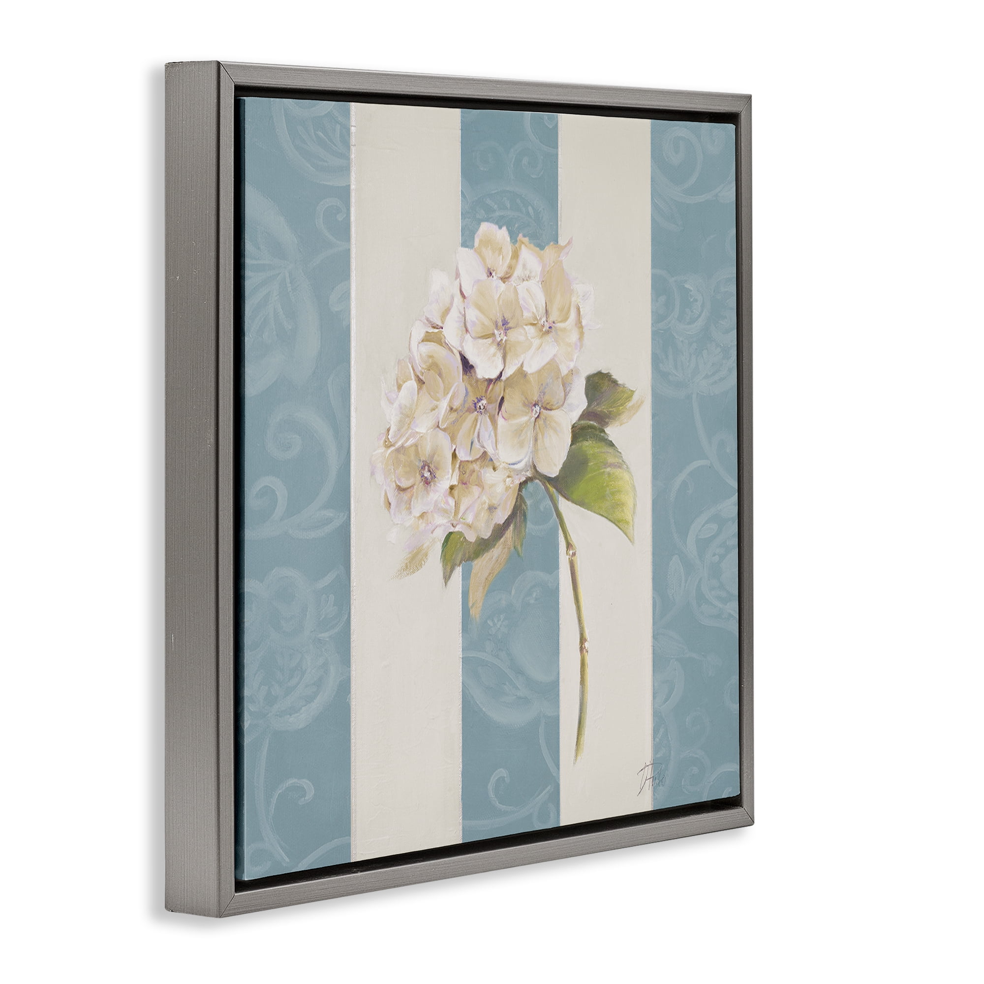 Stupell Industries Vintage Hydrangea Sprig Plants & Flowers Painting Gray Floater Framed Canvas Art Print Wall Art, 18 x 18