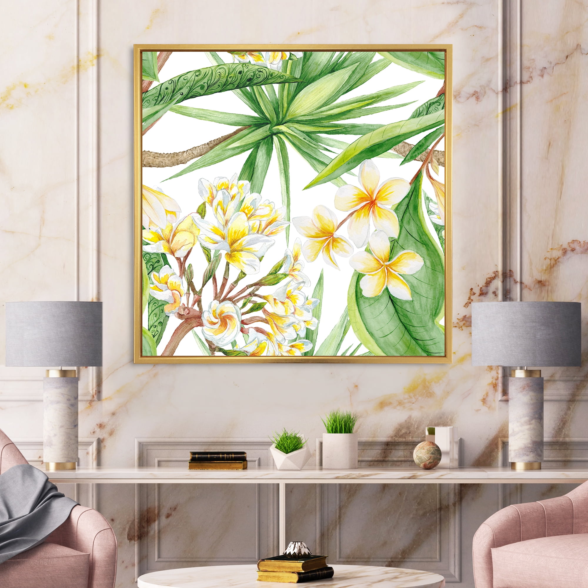 Designart 'Yellow Flowers and Tropical Foliage I' Modern Framed Canvas Wall Art Print