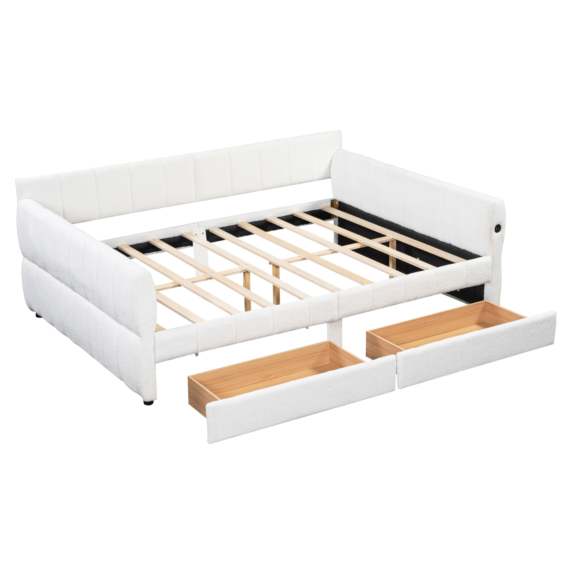 Noble House Alver Queen Upholstered Platform Bed, Luxurious Lambswool Frame with USB Ports and 2 Drawers, White
