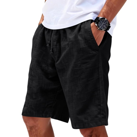 Nestiefly Men's Casual Drawstring Cotton Linen Shorts with Pockets - Fit Stretch Work & Beach Shorts Black M