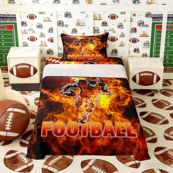 Erosebridal Fire Football Twin Sheet Sets, Sport Bedding for Men and Boys, 3pcs, 1 Flat Sheet, 1 Fitted Sheet and 1 Pillowcase