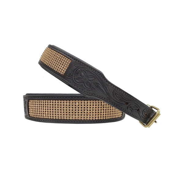 Affilare Western Tooled Leather Dog Collar Padded with Golden Rhinestones for Puppies and Big Dogs 10AB307-XS