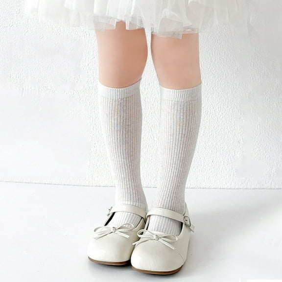 Girls Crew Cotton Socks Calf Striped Soft Casual Socks (White 3-5 Years)