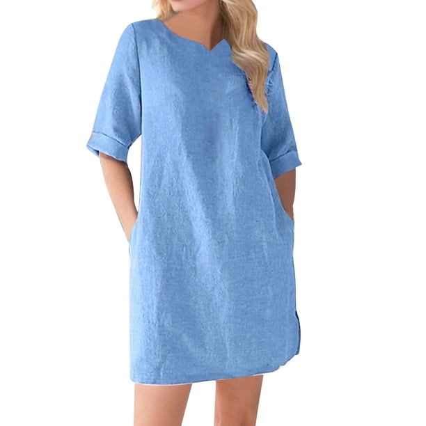 Gibobby Vestido casual de verano para mujer Vestido de verano para mujer, cuello redondo, ajuste holgado, manga de siete cuartos, cómodo, informal, color sólid(Azul,M)
