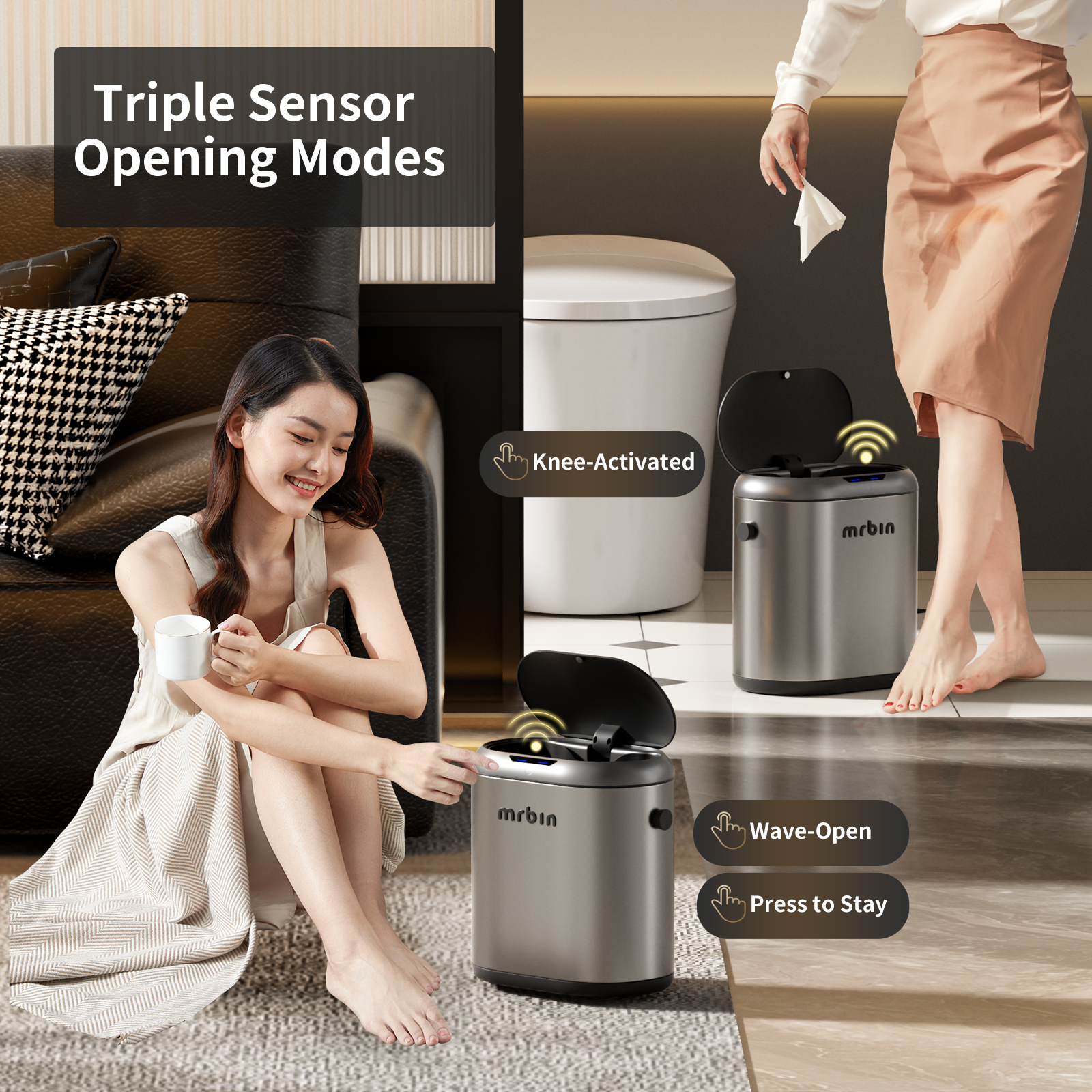 MRBIN Automatic Adsorption Metal Trash Can for Bathroom, Touchless Garbage Bin with Lid, 3.2 Gallon Slim Trash Can for Office and Bedroom, Electric Motion Sensor Waste Basket, Eclipse Grey