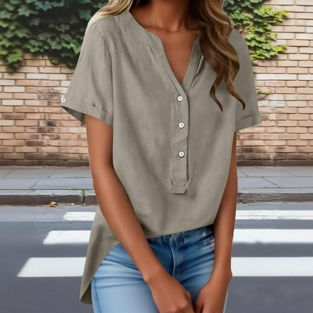 TaTaai Summer V Neck Casual Top, Women's Half Button Open Front Design, Linen Inspired Short Sleeve Solid Color Shirt Gift